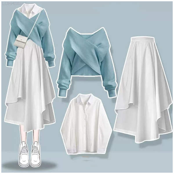 ホワイト/シャツ+ブルー/セーター+ホワイト/スカート